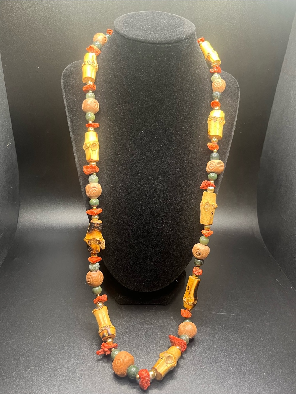 Dauplaise Boho Tribal Bamboo Look Mixed Media Statement Necklace 27”